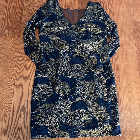 Marina cocktail stretch lace foil dress STATEMENT sheer BACK sheath navy gold L - Picture 15 of 16